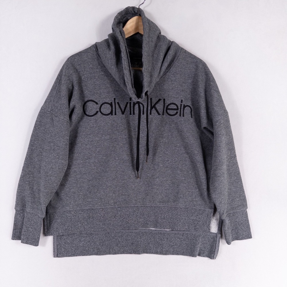 Calvin Klein Sweatshirt Womens Sz Small Gray Funnel Neck Boxy Side Slits Casual